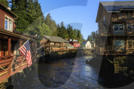 Creek Street, Ketchikan Creek boardwalk, historic red-light district, beautiful sunny Summer evening, Ketchikan, Alaska, USA