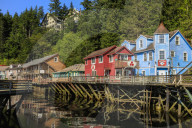 Creek Street, Ketchikan Creek boardwalk, historic red-light district, beautiful sunny Summer afternoon, Ketchikan, Alaska, USA