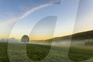 Autumn (Fall) morning mists, distant moors, Chatsworth Park, home of Duke of Devonshire, Chesterfield, Derbyshire, England
