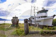 Fishing boats on the shore, Icy Strait Point, near Hoonah, Summer, Chichagof Island, Inside Passage, Southeast Alaska, USA