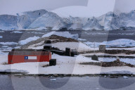 Elevated view, Chilean Gonzalez Videla Station, Gentoo penguins, icebergs and glacier, Waterboat Point, Paradise Bay, Antarctica