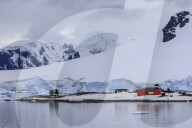 Chilean Gonzalez Videla Station from Paradise Bay, mountains and glaciers, Waterboat Point, Antarctic Peninsula, Antarctica