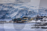 Palmer Station, year-round US Base, glacier backdrop, rocky foreshore, Anvers Island, Antarctic Peninsula, Antarctica