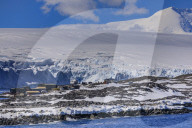 Palmer Station, year-round US Base, glacier and mountain backdrop, Anvers Island, Antarctic Peninsula, Antarctica