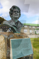 Margaret Thatcher bronze statue, brass plaque, Secretariat, blue sky, Central Stanley, Port Stanley, Falkland Islands