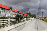 Historic Marmont Row, red roof, whitewashed, Victory Green, Stanley, Port Stanley, Falkland Islands