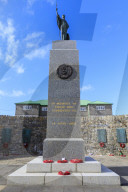1982 Falklands War Memorial, Liberation Monument, Secretariat, blue sky, sun, Central Stanley, Port Stanley, Falkland Islands