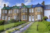 Historic Jubilee Villas, Victorian British terraced houses, Falklands flag, Stanley, Port Stanley, Falkland Islands