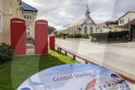 Central Stanley sign, Post Office, red telephone boxes and post box, traditional church, Port Stanley, Falkland Islands