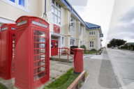 Post Office, Philatelic Bureau, red telephone boxes and post box, Central Stanley, Port Stanley, Falkland Islands