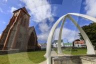 Christ Church Cathedral, restored Whalebone Arch, traditional houses, Stanley, Port Stanley, Falkland Islands