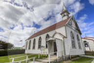 Traditional white wooden church, British Flag, Central Stanley, Port Stanley, Falkland Islands