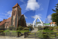 Christ Church Cathedral, restored Whalebone Arch, traditional houses, Stanley, Port Stanley, Falkland Islands
