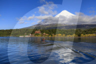 Petrohue, snow-capped, conical Osorno volcano, Lake Todos Los Santos, Vicente Perez Rosales National Park, Lakes District, Chile