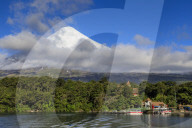 Petrohue, snow-capped, conical Osorno volcano, Lake Todos Los Santos, Vicente Perez Rosales National Park, Lakes District, Chile