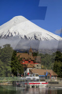 Petrohue, snow-capped, conical Osorno volcano, Lake Todos Los Santos, Vicente Perez Rosales National Park, Lakes District, Chile