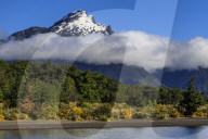 Snowy peak, lush forests, from Lake Todos Los Santos, Emerald Lake, Vicente Perez Rosales National Park, Lakes District, Chile