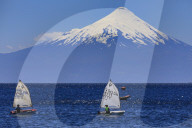 Sailing on Lake Llanquihue, snow-capped Orsono volcano, from Puerto Varas, Lakes District, Chile