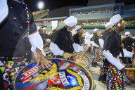 Brazil, Rio de Janeiro, samba drummers at the main Rio de Janeiro carnival parade in the Sambadrome (Sambodromo) arena