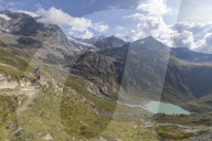 Sentiero Glaciologico and water basin and dam of Alpe Gera on the background, Malenco Valley, Valtellina, Lombardy, Italy