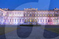 Facade of Villa Reale illuminated at dusk, Monza, Lombardy, Italy