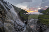 Waterfall at sunrise, Tjornuvik, Sunda Municipality, Streymoy Island, Faroe Islands