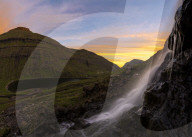 Panoramic of waterfall at sunset, Saksun, Streymoy Island, Faroe Islands