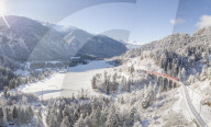 Panoramic of Bernina Express train on Landwasser Viadukt, Filisur, Albula Valley, Canton of GraubÃ¼nden, Switzerland