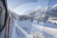 Bernina Express train, Preda Bergun, Albula Valley, Canton of GraubÃ¼nden, Switzerland
