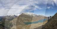 Panoramic of Lago Bianco from Piz Campasc, Bernina Pass, Engadin, canton of Graubunden, Switzerland
