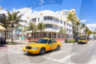 Yellow taxi cab, Ocean Drive, Miami Beach, Florida, USA, North America