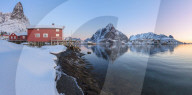 Panoramic of Reine Bay at sunrise, Lofoten Islands, Norway