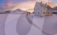 Panoramic view of traditional house, Flakstad, Lofoten Islands, Norway