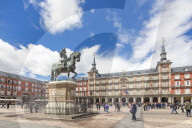 King Philip III statue and Casa de la Panaderia (Bakery House), Plaza Mayor, Madrid, Spain
