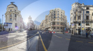 Panoramic of historical buildings at corner of Calle de Alcala and Calle Gran Via, Madrid, Spain