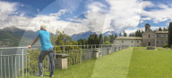 Panoramic of the medieval Piona Abbey (Abbazia Priorato di Piona) on the Lecco bank of Lake Como, Colico, Lombardy, Italy