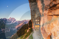 Aescher-Wildkirchli Gasthaus at dusk, Ebenalp, Appenzell Innerrhoden, Switzerland