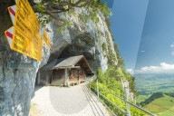 Signpost of hiking trails, Wildkirchli, Ebenalp, Appenzell Innerrhoden, Switzerland