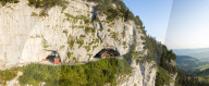 Aerial panoramic of Wildkirchli (Wild Chapel) and caves, Ebenalp, Appenzell Innerrhoden, Switzerland
