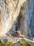 Aerial panoramic of Aescher-Wildkirchli Gasthaus, Ebenalp, Appenzell Innerrhoden, Switzerland