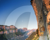 Panoramic of Aescher-Wildkirchli Gasthaus at dusk, Ebenalp, Appenzell Innerrhoden, Switzerland