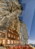 Panoramic of Aescher-Wildkirchli Gasthaus and outdoor restaurant at night, Ebenalp, Appenzell Innerrhoden, Switzerland