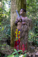 Baka pygmie woman hunting in the jungle in the Unesco world heritage sight Dzanga-Sangha Special Reserve, Central African Republic