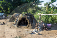 Traditional Baka pygmie village in the Unesco world heritage sight Dzanga-Sangha Special Reserve, Central African Republic