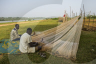 Fisherman repairing their fishernets on the river Niger, Niamey, Niger