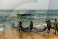 Local fishermen pulling their nets on a beach in Robertsport, Liberia