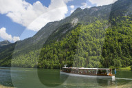 Electric boat on the alpine lake Koenigssee, Berchtesgaden, Bavaria, Germany