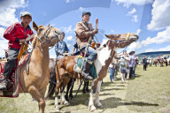 Horses and young horsemen on their mark for this years 20 kms bareback horse race during annual Naadam Festival.