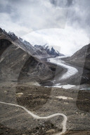 Dropping down from penzi La, looking at the glacial moraine that feeds into the Stod River, on for the tributaries of Zanskar River.Ladakh, India.