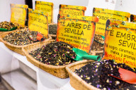 Spices for sale in Santa Cruz district, Seville, Andalusia (Andalucia), Spain, Europe